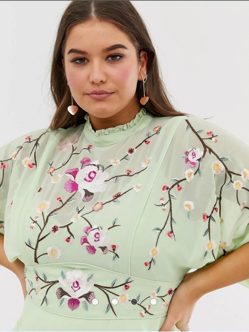 ASOS Mint Embroidered Floral Ruffle-Neck Midi Dress